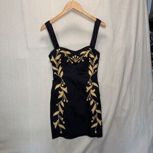 Free People Black Gold Embroidered Sweetheart Mini Dress Womens Size 4 Smocked